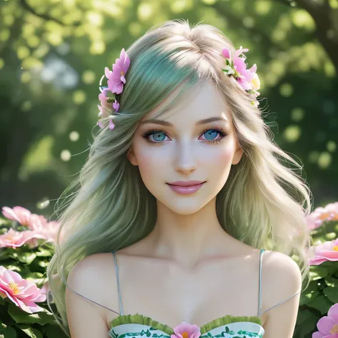 (best quality,photorealistic:1.37),vibrant colors,beautiful detailed eyes,beautiful detailed lips,extremely detailed hair,longeyelashes,lovely smile,Iowa-born girl,fashionable outfit,confident posture,standing in a garden,with blooming flowers surrounded,s...