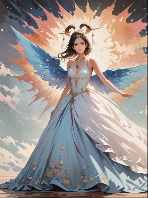 Gentle Angel, Stand there，Spread your wings，Staring into the depths of your soul, Her gorgeous gown is reminiscent of the stars in the night sky.  Surrealism. Bright white and red shadows are dazzling, Reminiscent of Beuys and Qian Xuan. Super details, pho...