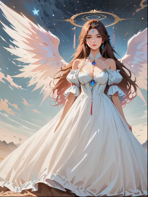 Gentle Angel, Stand there，Spread your wings，Staring into the depths of your soul, Her gorgeous gown is reminiscent of the stars in the night sky.  Surrealism. Bright white and red shadows are dazzling, Reminiscent of Beuys and Qian Xuan. Super details, pho...