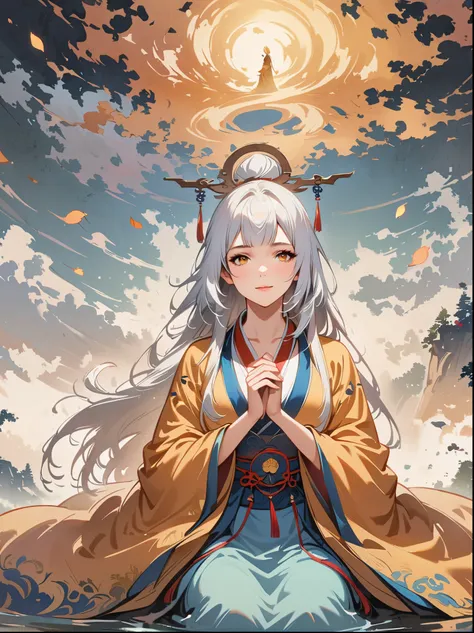 in a two-dimensional style, illustrate a close-up scene of a white-haired female taoist meditating on a floating giant lotus roc...