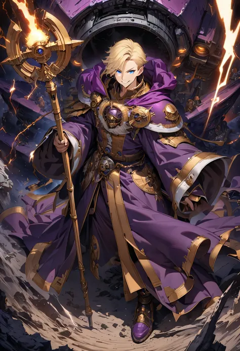 (masterpiece:1.2, best quality:1.1), HD, best illustration, intricate details, 8K, anime - style, Male Wizard, Male, Warhammer 40k, Solo, Detailed Face, Purple Cloth, White Trim, Full Body, Blonde Hair, Short Hair, Hair Swept to the Side, Tall, Slender, Go...