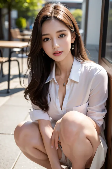 highest quality, realistically, Super detailed, detailed pubic hair, High resolution, 8k wallpaper, 1 beautiful woman, Pink wet lips, light brown messy hair, wearing a suit, shirt, white skirt, lock focus, perfect dynamic composition, beautiful eyes, delic...