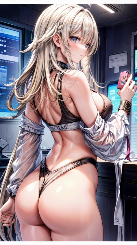 ultra-detailed、highest quality、Highest image quality、master piece、8K、blonde curly hair、(SFW huge body)、(((Rear view)))、cowboy shot、Wearing a thong