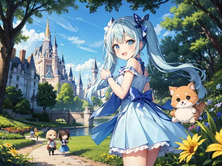 in the forest　Light blue long hair in front of Cinderella Castle in Fairyland、Beautiful girl with twin tails、bright smile　Clear blue sky　Forest animals and chibi characters　Many different flowers are blooming