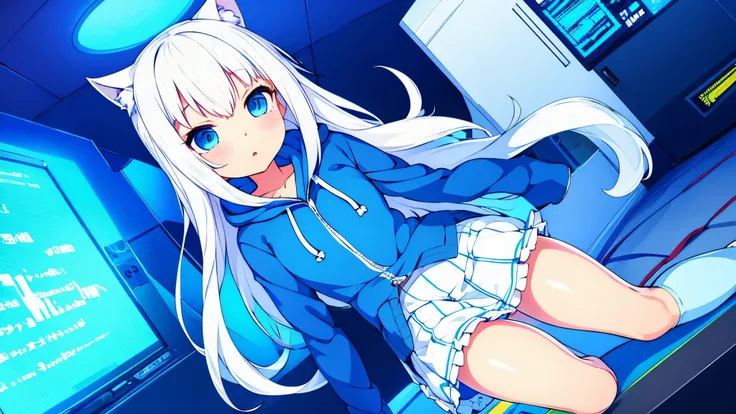 1 girl white hair with blue tone blue eyes with cat hoodie with mini skirt stockings in an RGB gamer room