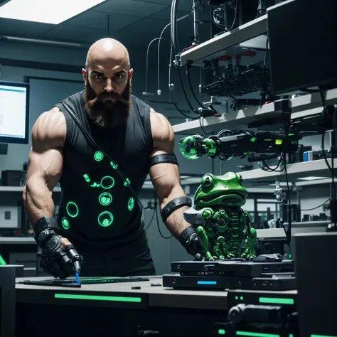 Bald man with spartan beard creating and playing with a robotic frog in a laboratory full of computers with programming code on the screen 