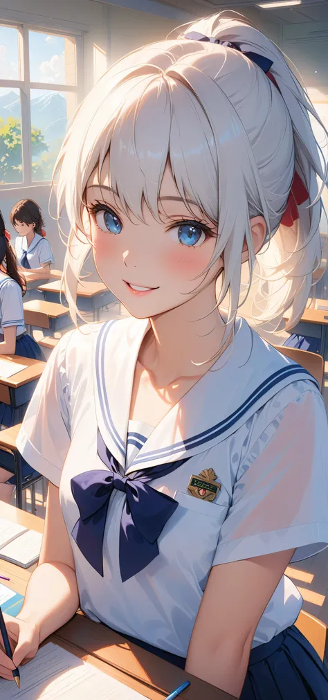 masterpiece, top quality, Super details, 8K, Detail lights, Detailed shadows, raw, (delicate skin), (real: 1.2),, 1 girl, white hair, short sleeve school uniform，Eye close-up，classroom，flat chest，Smile，Positive face，Face the screen