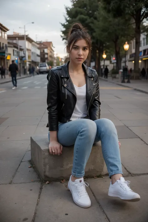 ((Mejor calidad)), ((obra maestra)), (detallado), cara perfecta, sexy woman, dressed in tight denim jeans, wearing a leather jacket, hair up and white sneakers. Stopping in a park in the city of Cusco, it is night. real, realistic, great detail.