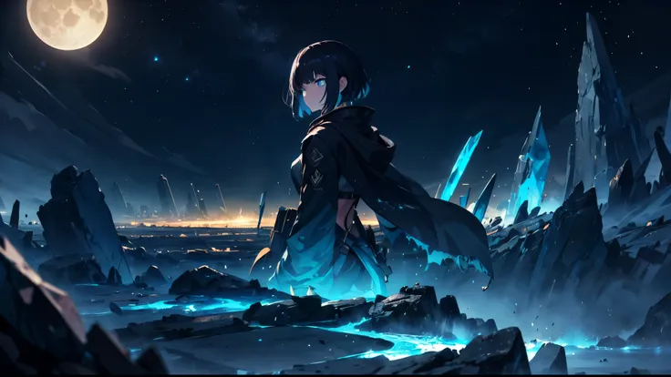 apocalyptic landscape, shattered, crystals, moon, cataclysm, 1girl, solo, short_hair, aqua_eyes, black_hair, glowing_eyes, night, dark