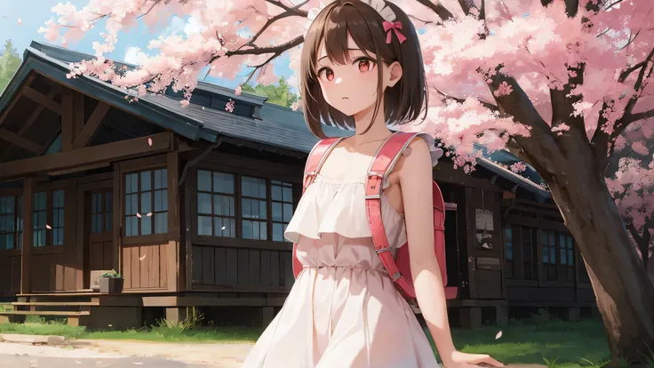 (masterpiece), highest quality, High resolution, very detailed, detailed background, perfect lighting, outside, 1 girl, Cherry tree in full bloom、light brown hair、bright red eyes、Small fox earimi is facing forward、Dark blue and white maid outfit、full body,...