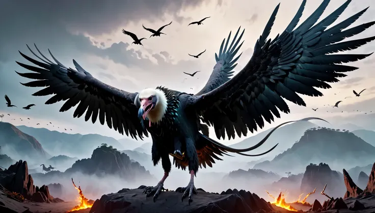 (master piece), 8k, best quality, giant vulture two meters tall with open wings four meters wide, sharp legs, swooping attack.