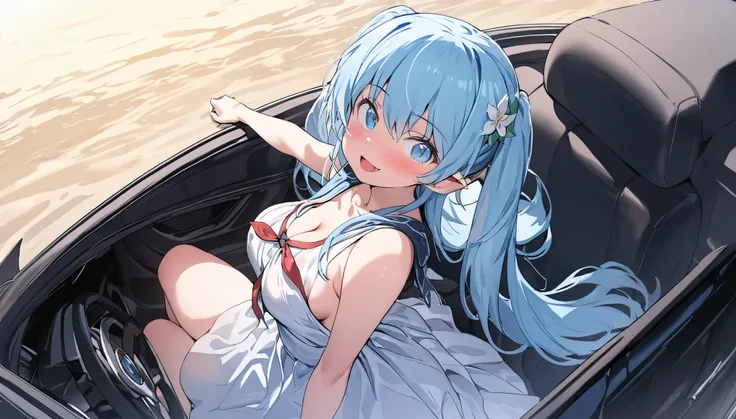  (masterpiece, best quality), 1 elven girl, ( bear breast),  (light blue hair,twin tails ,Long hair is fluttering in the wind), hair between eyes,light blue hair,hair flower ornament ,(blush, smile, light blue eyes), open mouth, white fairly dress with wid...