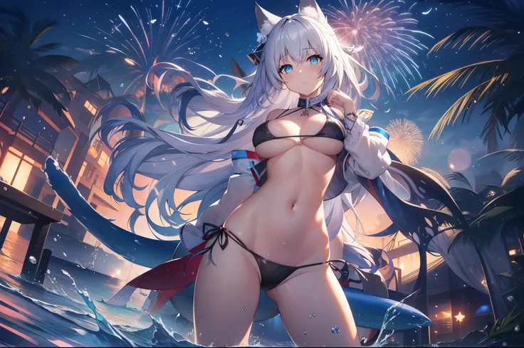 Bikini anime girl with cat ears and tail standing in the water, Azure Lane style, From《Azur route》video game, fleet collection style, 《Azur route》role in, Popular topics on artstation pixiv, white cat girl, guweiz on pixiv artstation, White fur fox, guweiz...