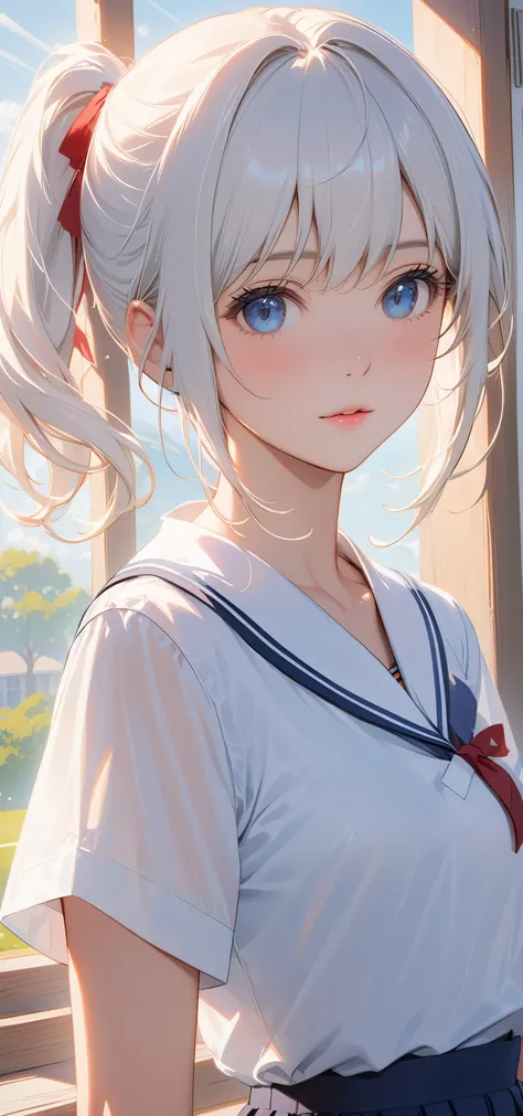 masterpiece, top quality, Super details, 8K, Detail lights, Detailed shadows, raw, (delicate skin), (real: 1.2),, 1 girl, white hair,side ponytail， short sleeve school uniform，Eye close-up，in the school，flat chest，