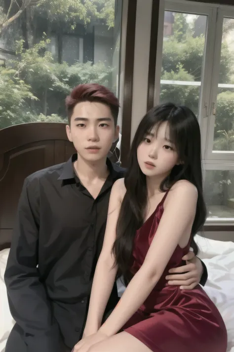 hay un hombre y una mujer sentados juntos en una cama, Cai Xu Kun, foto de perfil, ulzzang, el corte de hime, ruan jia and fenghua zhong, pareja adorable, con negro, yanjun chengt, ruan jia and brom, 😭🤮 💔, & jee hyung lee & Oh!, Huang Yuxing y Aya Takano