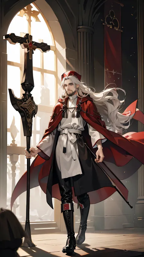 (((((male))))), masterpiece, ultra detailed, 8K Portrait, Raw photo, mans portrait photography, full body, Highly detailed face, ((Fantasy)), 83 years old, 1 man, white long wavy hair, beard, ((Priest)), wood necklace, clergy hat, (((long cloak))) flutteri...