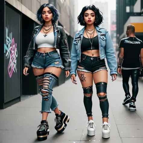 Introducing Maya, a streetwise trendsetter with an urban edge. Shes sporting a distressed denim jacket adorned with graffiti-inspired patches, paired with a form-fitting black crop top that accentuates her curves. Her high-waisted cargo pants feature strat...