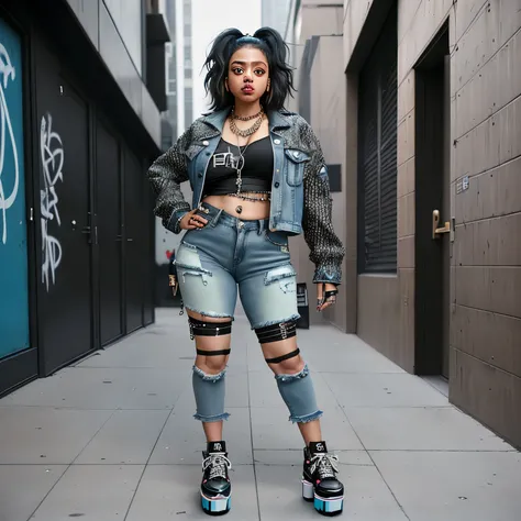 Introducing Maya, a streetwise trendsetter with an urban edge. Shes sporting a distressed denim jacket adorned with graffiti-inspired patches, paired with a form-fitting black crop top that accentuates her curves. Her high-waisted cargo pants feature strat...