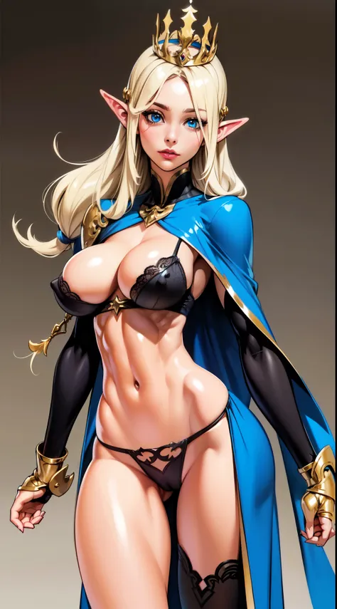 extremely long hair , ponytail, perfect anatomy 1 girl tall solo, slim thick,  ((muscular)) high elf toned body, silver breast plate, blue cape, slendered abs, hourglass waist, detailed face, defined cheekbones, puffy lips, gauntlets, gold crown, shadow ov...