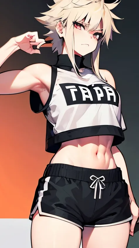 Bakugou Katsuki female, pechos grandes,escote,crop top, crop top color blanco, shorts cortos, shorts color negro,medias de encaje,4k,1girl