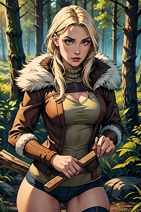 Nordic maiden, hunter style fur clothes, top view, sensual and sexy inside a forest holding an ax