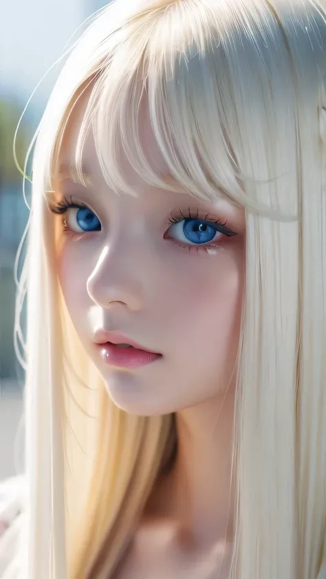 A very beautiful albino girl、Windy blonde hair clinging to a very beautiful face、Beautiful bright pale sky blue eyes hidden in hair、white glossy skin、Beautiful super long shiny silky super long blonde hair、beautiful bangs、sexy 18 year old very beautiful wo...