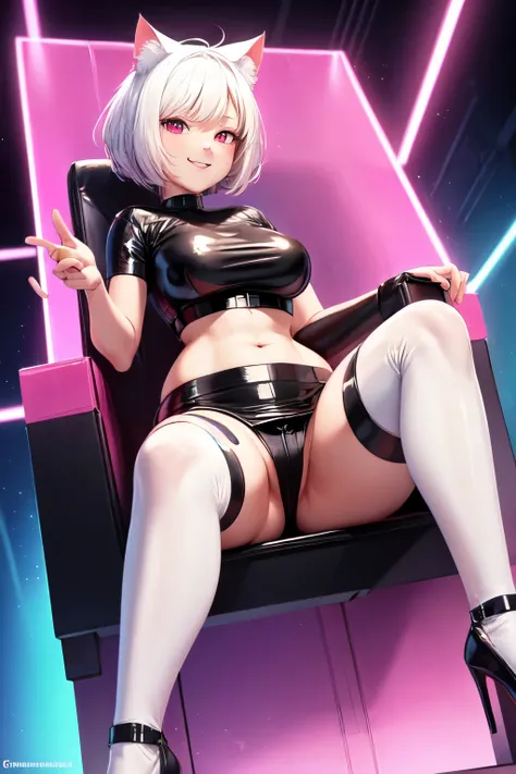 (anime art of (best quality)), ((masterpiece)), (detailed), perfect face, white hair, white cat ears, white cat tail, DD cup breasts, thick thighs, crazy love eyes, glowing red eyes, smirking, short latex black crop top, black latex short skirt, latex purp...