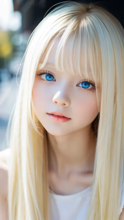 A very beautiful albino girl、Windy blonde hair clinging to a very beautiful face、Beautiful bright pale sky blue eyes hidden in hair、white glossy skin、Beautiful super long shiny silky super long blonde hair、beautiful bangs、sexy 18 year old very beautiful wo...