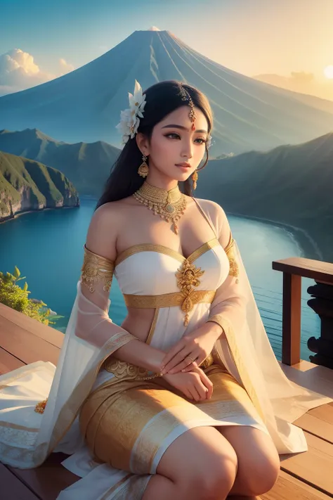 A stunning masterpiece photograph showcasing a beautiful woman dressed in traditional Balinese Hindu attire, with the breathtaking backdrop of the Besakih Temple and the majestic Mount Agung. This image is captured in ultra high resolution, ensuring the be...