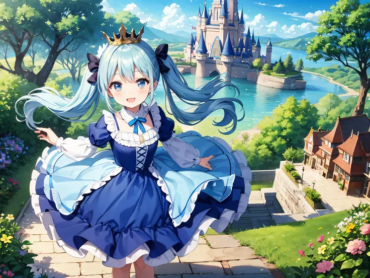 floating above the sky　above the clouds　Light blue long hair in front of Cinderella Castle in Fairyland、Beautiful girl with twin tails、bright smile　Clear blue sky　Forest animals and chibi characters　Many different flowers are blooming