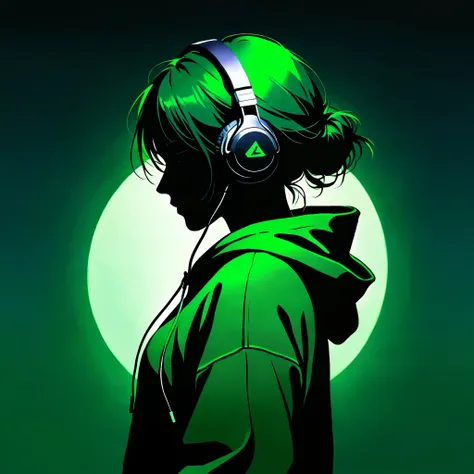 1girl, solo, headphones, hoodie, silhouette, green theme, low saturation,silhouette，darkness