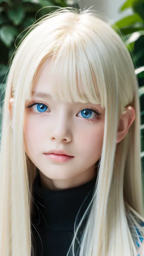 A very beautiful albino girl、Windy blonde hair clinging to a very beautiful face、Beautiful bright pale sky blue eyes hidden in hair、white glossy skin、Beautiful super long shiny silky taller super long blonde hair、beautiful bangs、sexy 18 year old very beaut...