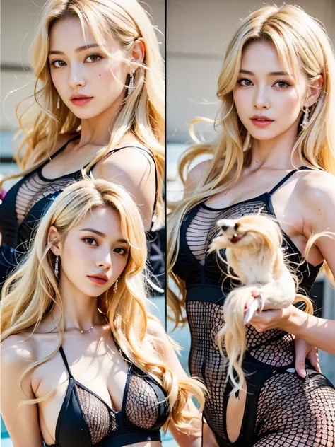 (best quality, 8K, masterpiece:1.3), full body, clear focus:1.2, exceptional beauty:1.4, defined abs:1.2, (blonde, big:1.2), black tank top, extremely detailed face and skin texture, fine eyes, double eyelids