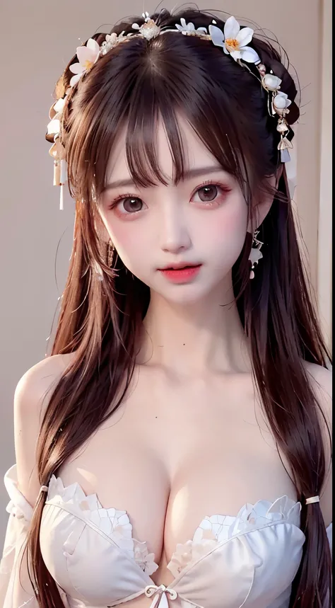 teen girl 14 yeard old，Ancient costumes with Hanfu open V-chested clothes ，(quality、tmasterpiece:1.2)， sweet girl，pigtails，silvery white hair、Smooth skin、Beautiful mouth、(beautiful postures)，(Chinese style translucent pocket cloth)，Translucent light purple...