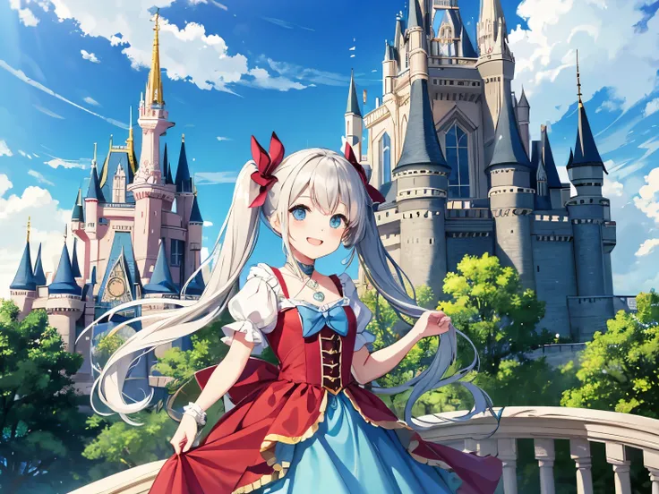 Floating castle in the sky　There are a lot of clouds around the castle.、Light blue long hair in front of Cinderella Castle in Fairyland、Beautiful girl with twin tails、bright smile　Clear blue sky　Forest animals