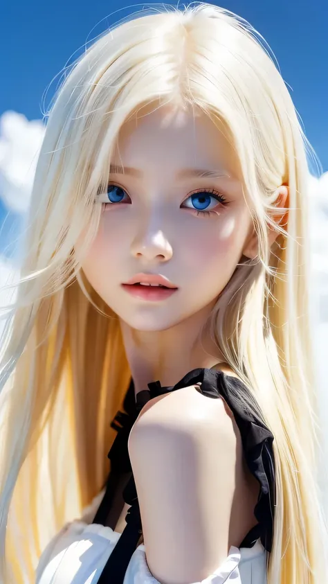 A very beautiful albino girl、Windy blonde hair clinging to a very beautiful face、Beautiful bright pale sky blue eyes hidden in hair、white glossy skin、floating hair、Beautiful super long shiny silky taller super long blonde hair、beautiful bangs、sexy 18 year ...