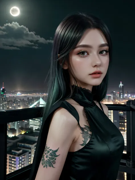 (8k), (highest quality), (best details)futuristic city at night、eclipse、eclipse、silver hair、Green Eyes、tattoo、beautiful french woman、luxury black dress、green hair