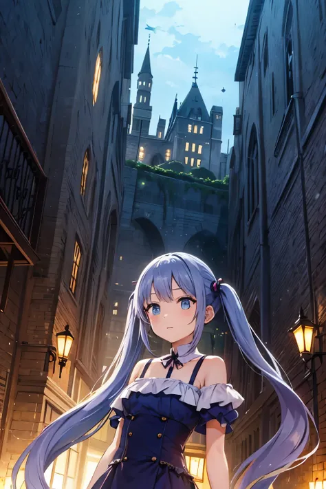 castle in the sky、light blue long hair、Beautiful girl with twin tails