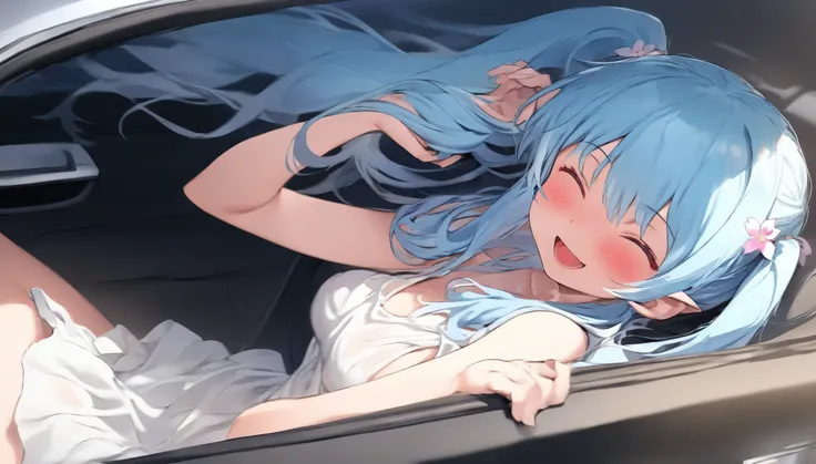 (masterpiece, best quality), 1 elven girl, ( bear breast), (light blue hair,twin tails ,Long hair is fluttering in the wind), hair between eyes,light blue hair,hair flower ornament ,(blush, smile, close eyes), open mouth, white fairly dress,
((((und...