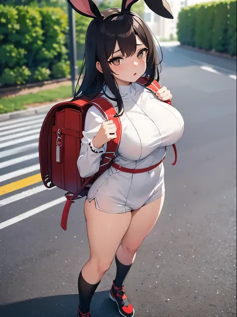 Masterpiece, realistic, hd, 1 girl, wear bunny costume, sexy bunny, big breasts, latex, rabbit ear, black medium hair, brown eyes , standing, fullbody, standing, wearing  randoseru backpack, (randoseru backpack:1.1), daytime, sunlight, park