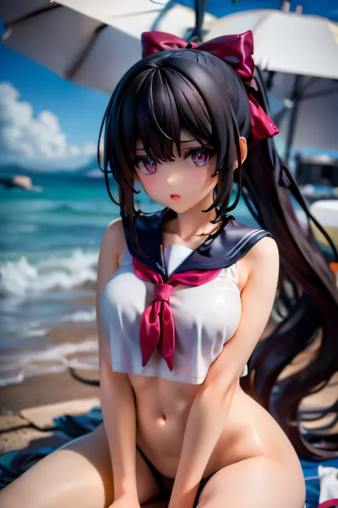 A girl looks at me, sailor suit, red ribbon, tan, black hair, ponytail, loose socks, looking sideways, looking up, surprised expression, masterpiece, detailed eyes, foundation, eye shadow, red lipstick, blushing cheeks, Island scenery, blurred background