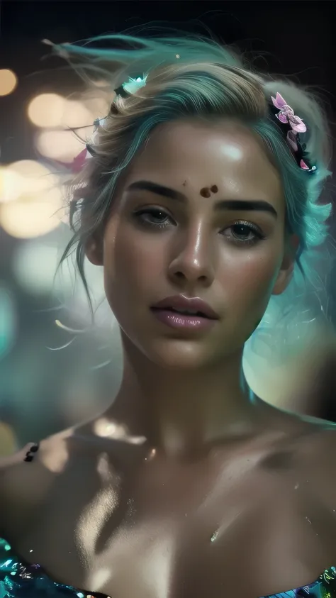 a close up of a woman with blue hair and a flower in her hair, makeup. unreal engine, wet shiny skin, slightly tanned, close up of a blonde woman, captivating glowing lights, bronze face, inspired by Petros Afshar, portrait of nordic girl, tears running do...