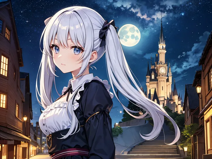 Big castle in the sky、light blue long hair、Beautiful girl with twin tails、Western-style streets、slope、Moonlight night、starry sky、Face Highlights、Castle highlightilky way