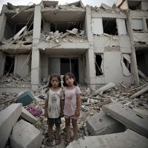 A picture of children amid the rubble, demolished houses, and crying faces that appear tired and miserable