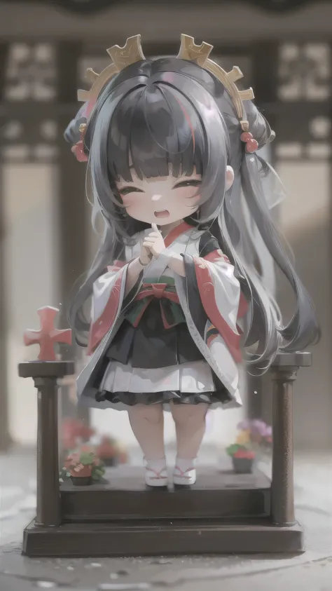 (nendoroid:1.3) masterpiece, high quality, highly detailed, full body (1girl, chibi ,solo ((blunt bangs)) (black hair long hair cute girl sexy closed eyes, chibi:1.2 character, slender legs, thick line, 5 yo, open mouth, best smile), in a Shrine maiden cos...