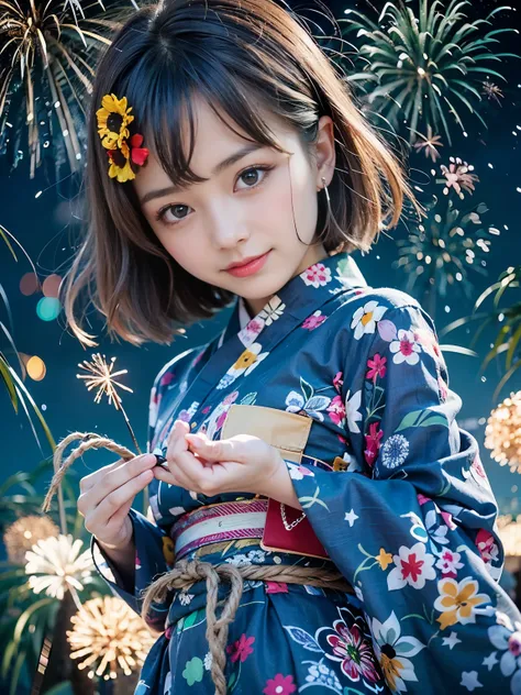 (best quality,high resolution,ultra-detailed),alone,girl,sparkling eyes,perfect eyes,16 years old,blue theme,yukata,fireworks