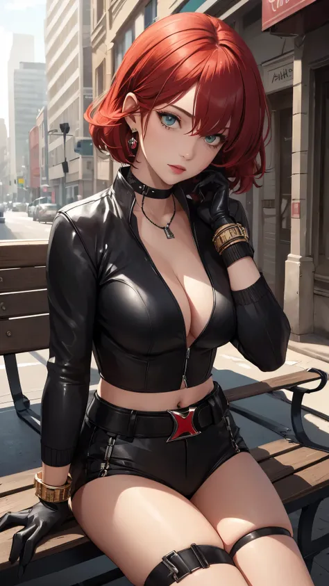 (Highly quality, masterpiece, detailed), city detailed scenario, city detailed background, solo, 1 woman, red hair, black leather cropped top, sleeve, cleavage, black belt, bracelet, black gloves, blackwidow, sitting on a bench, beautiful eyes, Sexy pose