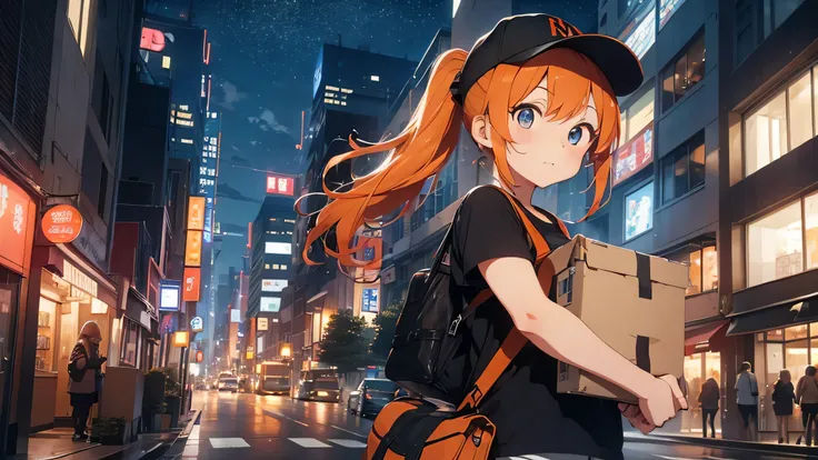 female delivery person, touring, On the way to deliver it to the courier, high detail, 4k, masterpiece.anime style,In a city at night with skyscrapers lined up,ponytail,orange hair,Messenger bag,baseball cap,beautiful eyes