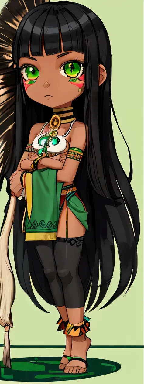 indigenous girl, black skin, fullbody, chibi, 2d, long black hair, Indian, green eyes