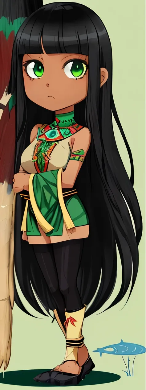 indigenous girl, black skin, fullbody, chibi, 2d, long black hair, Indian, green eyes